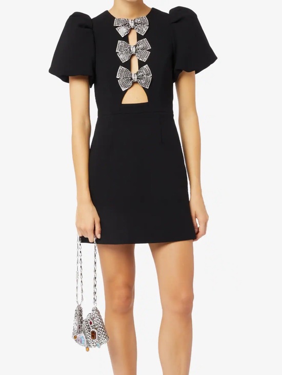 Dresses & Skirts - Black Puff-Sleeve Mini Dress with Bow Accents